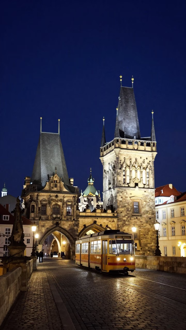 Prague Night Sky Above Old Town Bridge Tower and Vltava River Street Scene in in Prague, Czech Republic