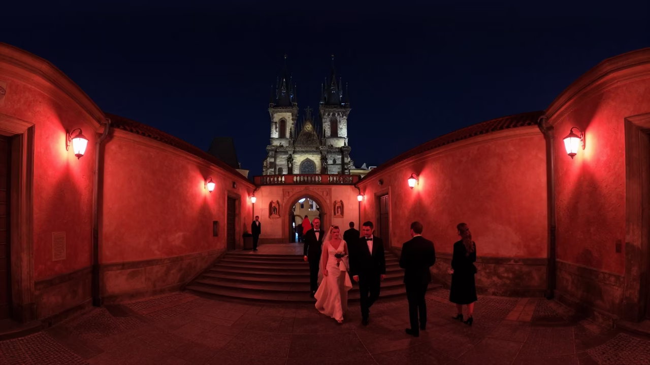 Prague Night Sky Observatory Stairwell Red Lighting and Traditional Wedding Procession in in Prague, Czech Republic