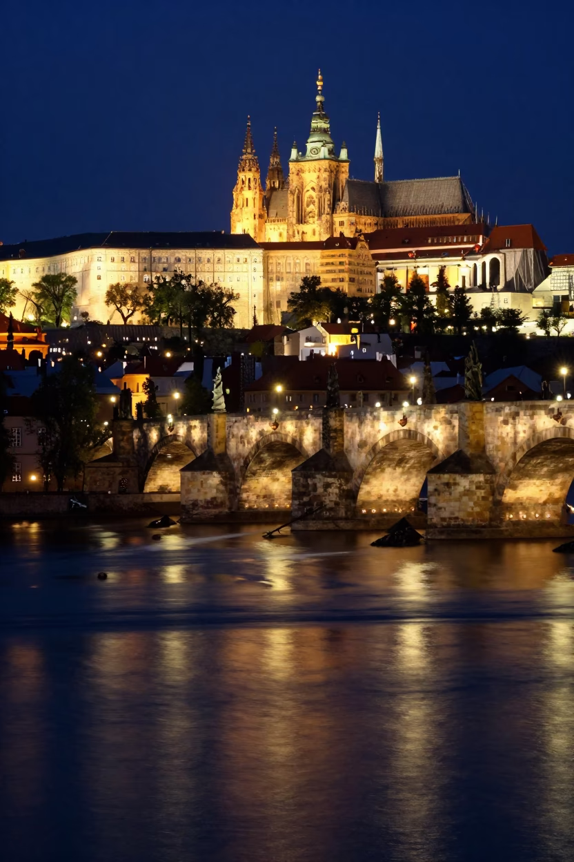 Prague Night Skyline with Charles Bridge and Vltava River Reflections in in Prague, Czech Republic