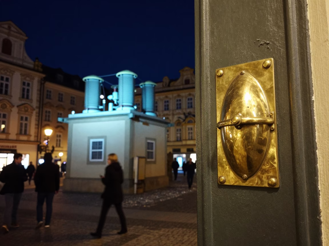 Prague Night Street Scene with Brass Details and Substation Glow in in Prague, Czech Republic