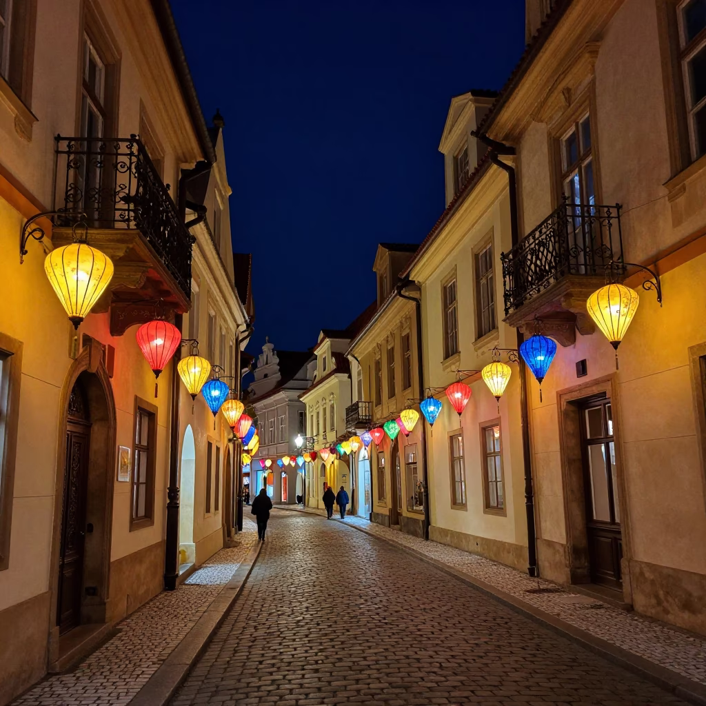 Prague Night Street Scene with Colorful Lanterns and Cobblestone Alley in in Prague, Czech Republic