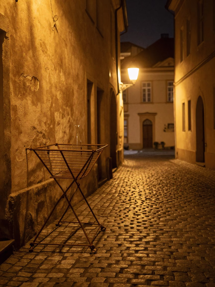 Prague Night Street Scene with Drying Rack and Carafe in Dimly Lit Alleyway in in Prague, Czech Republic