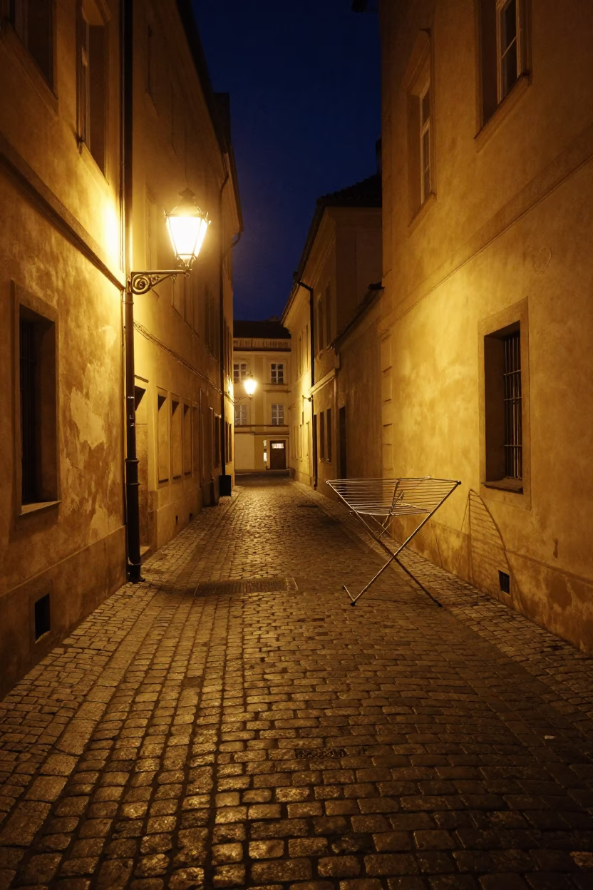 Prague Night Street Scene with Drying Rack and Tea Stains on Drain in in Prague, Czech Republic
