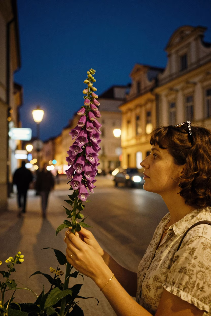 Prague Night Street Scene with Foxglove and Vintage 1970s Atmosphere in in Prague, Czech Republic
