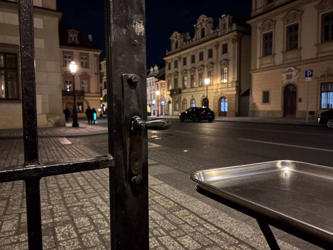 Prague Night Street Scene with Iron Gate Handle and Brushed Steel Details in in Prague, Czech Republic