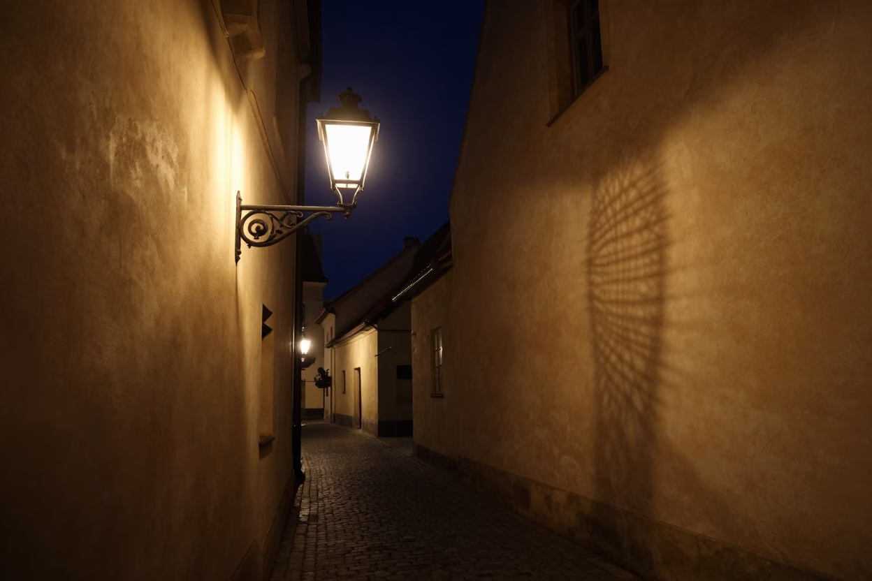 Prague Night Street Scene with Lampshade and Wicker Shadow on Cobblestone Path in in Prague, Czech Republic