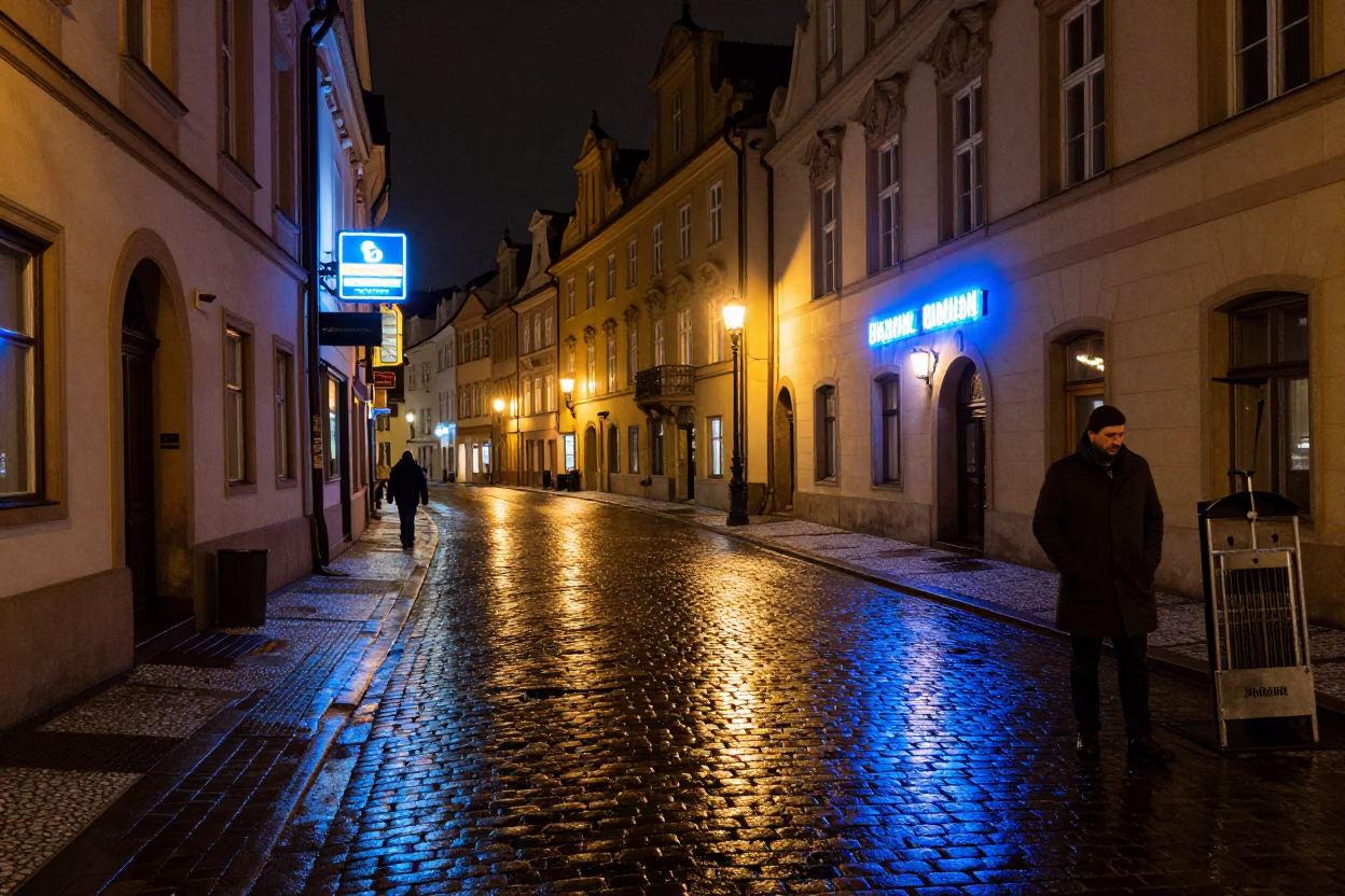 Prague Night Street Scene with Neon Reflections and Local Activity in in Prague, Czech Republic