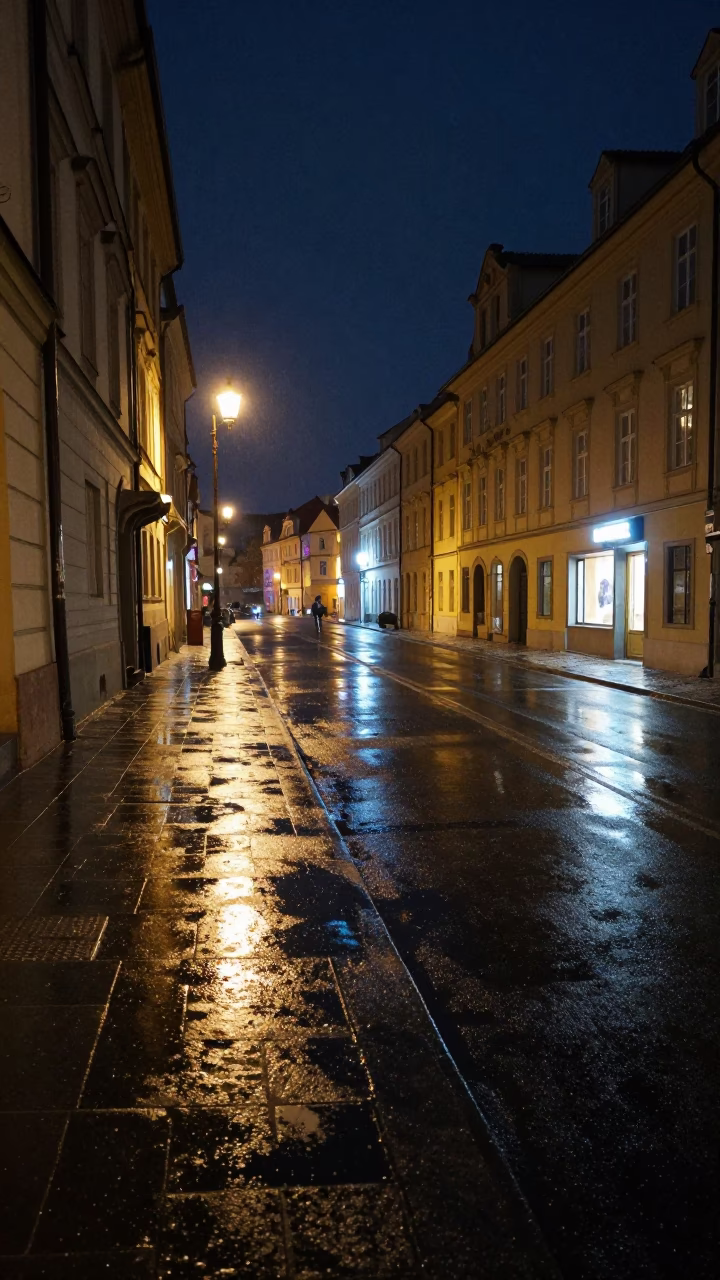 Prague Night Street Scene with Oil Sheen Rainwater and Urban Reflections in in Prague, Czech Republic