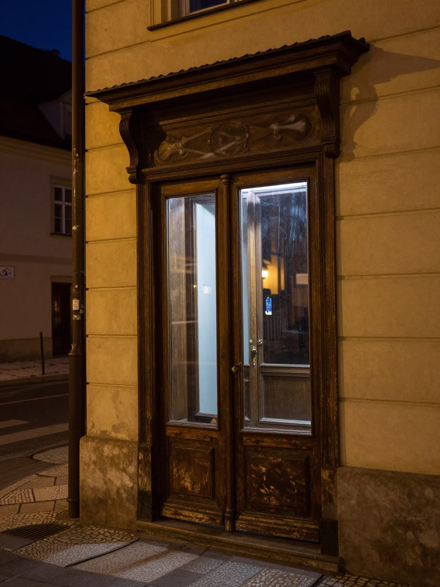 Prague Night Street Scene with Old Door and Glass Cabinet in in Prague, Czech Republic