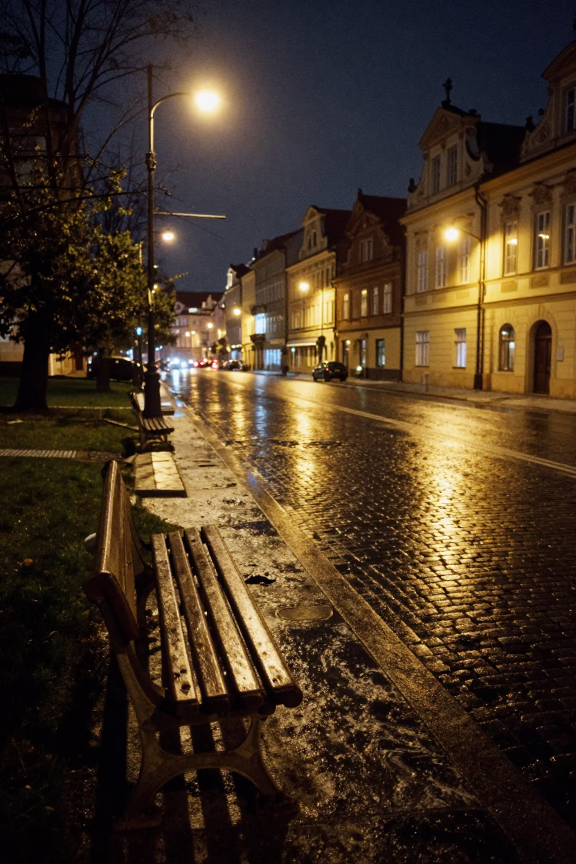 Prague Night Street Scene with Park Bench and Urban Lighting in in Prague, Czech Republic