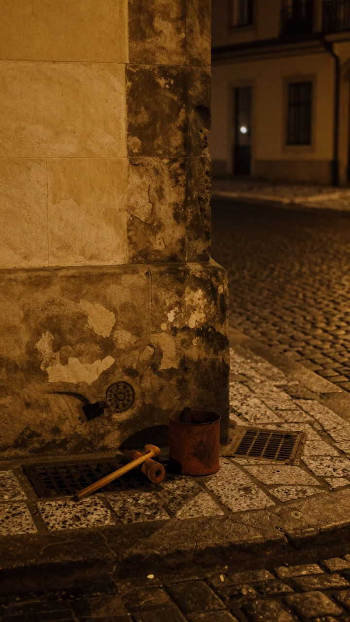 Prague Night Street Scene with Rusty Cup and Tool Caddy on Cobblestones in in Prague, Czech Republic