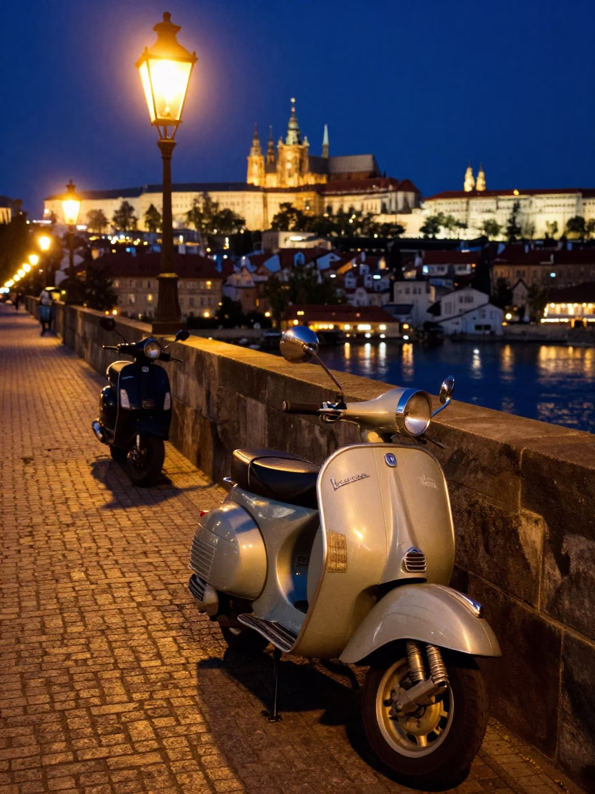 Prague Night Street Scene with Scooter and Lanterns in in Prague, Czech Republic