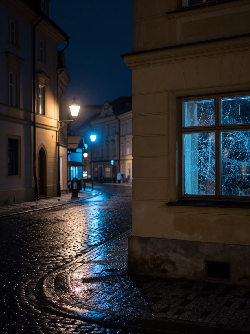 Prague Night Street Scene with Scratched Window Glass and Urban Reflections in in Prague, Czech Republic