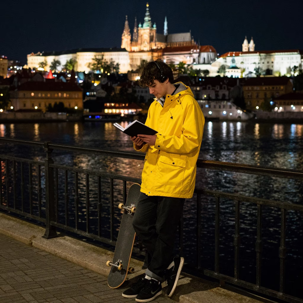 Prague Night Street Scene with Skateboard and Notebook Near Charles Bridge Vltava River in in Prague, Czech Republic