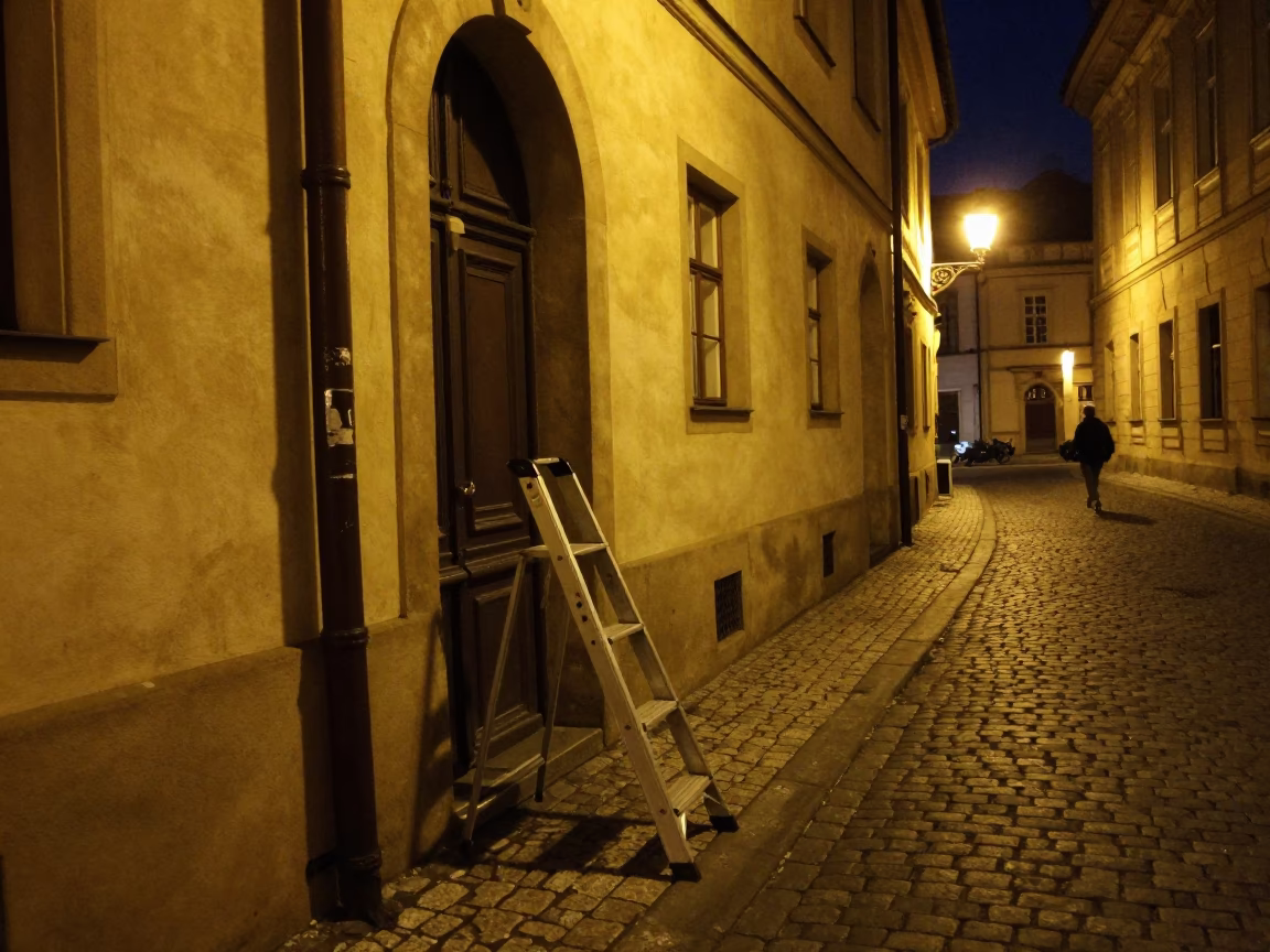 Prague Night Street Scene with Step Ladder and Urban Details in in Prague, Czech Republic