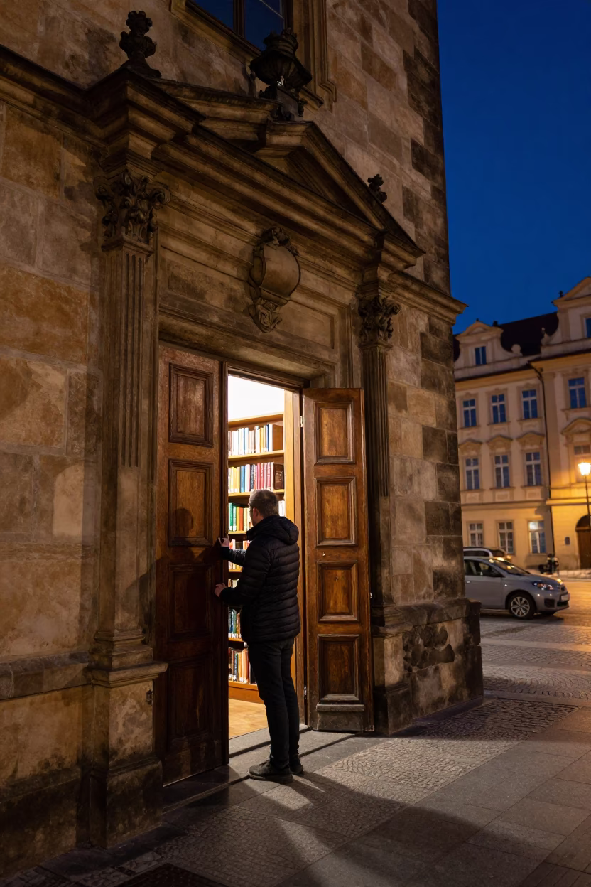 Prague Night Street Scene with Teacher Unlocking Library and Wisteria Pergola in in Prague, Czech Republic