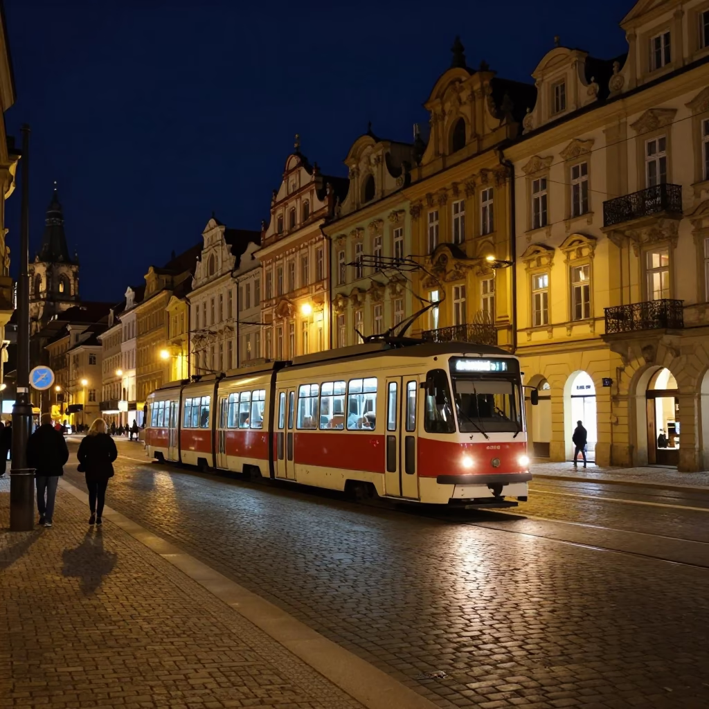 Prague Night Street Scene with Tram and Cobblestones in in Prague, Czech Republic
