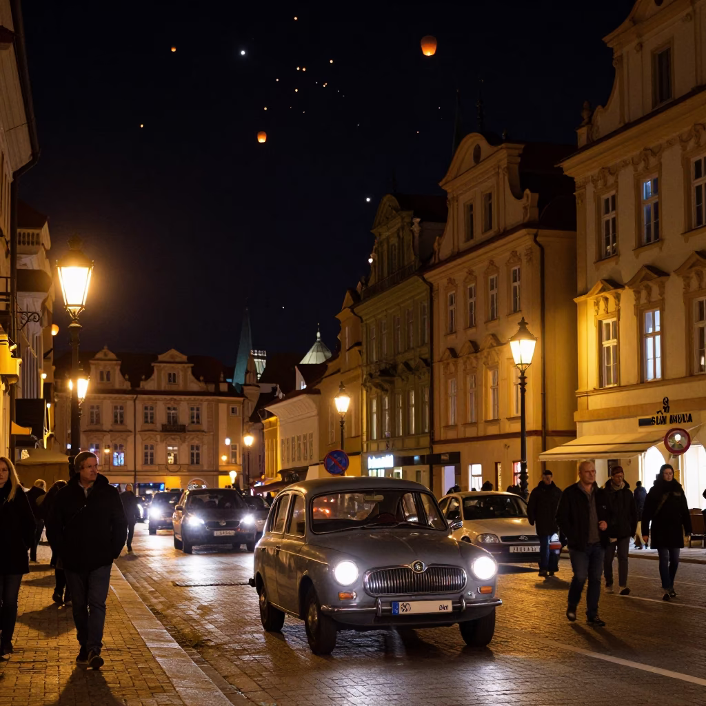 Prague Night Street Scene with Vintage Car and Lanterns in Czech Republic in in Prague, Czech Republic