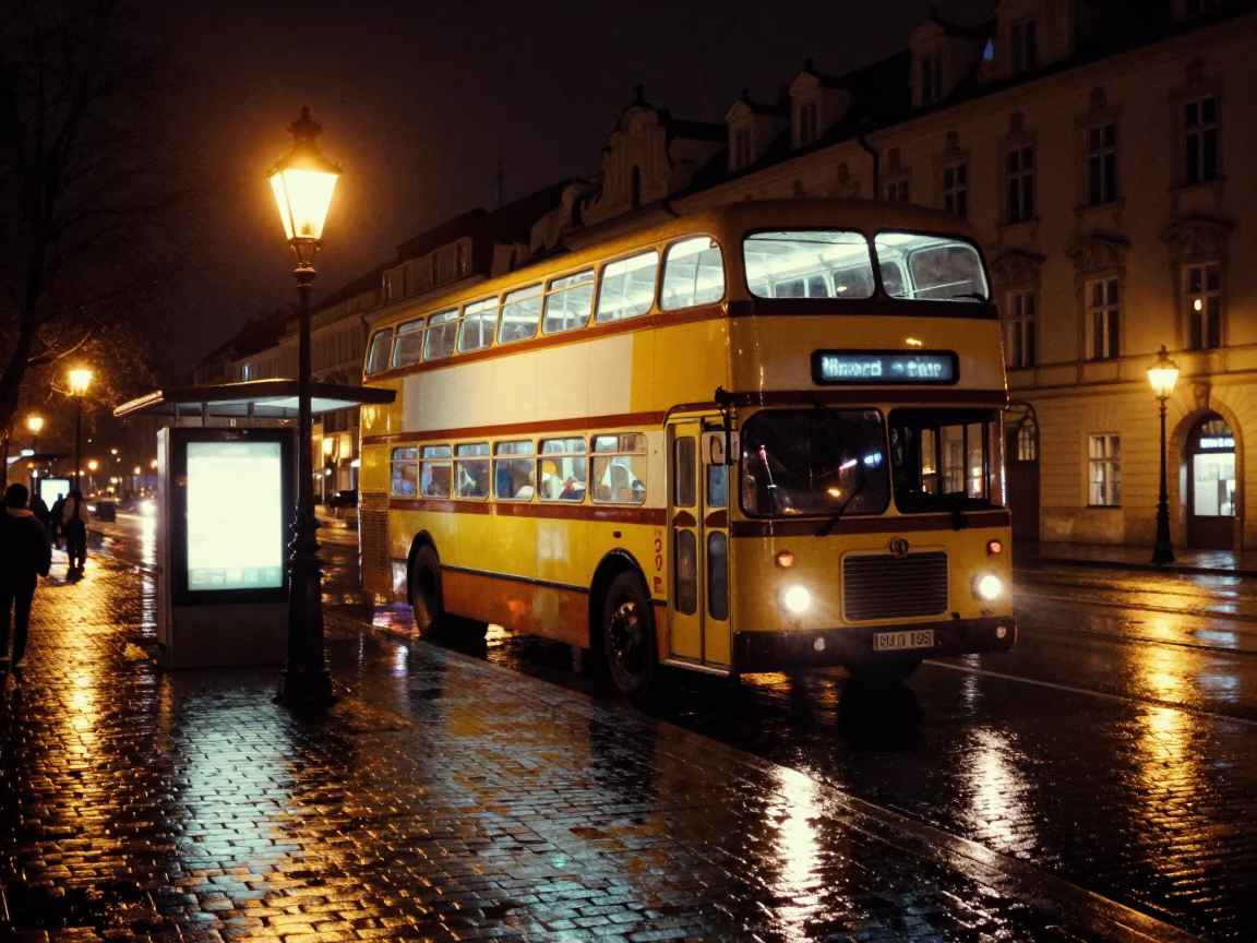 Prague Night Street Scene with Vintage Double-Decker Bus and Rainy Atmosphere in in Prague, Czech Republic