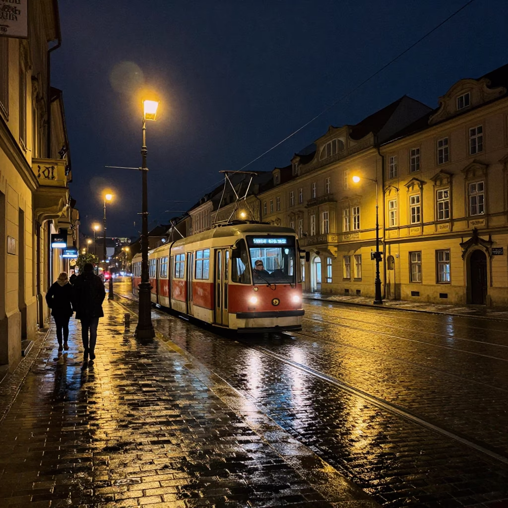 Prague Night Street Scene with Vintage Tram and Wet Cobblestones Under Deep Night Sky in in Prague, Czech Republic