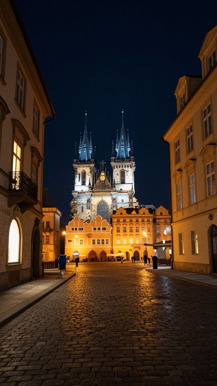 Prague Night Street Scene with Window Light and Cobblestone Reflections in in Prague, Czech Republic