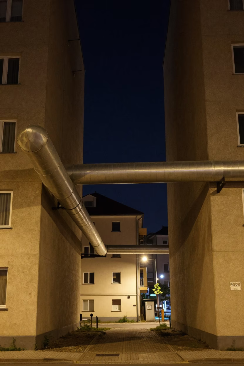 Prague Night View of District Heating Pipes Between Concrete Apartment Blocks in Late Evening in in Prague, Czech Republic