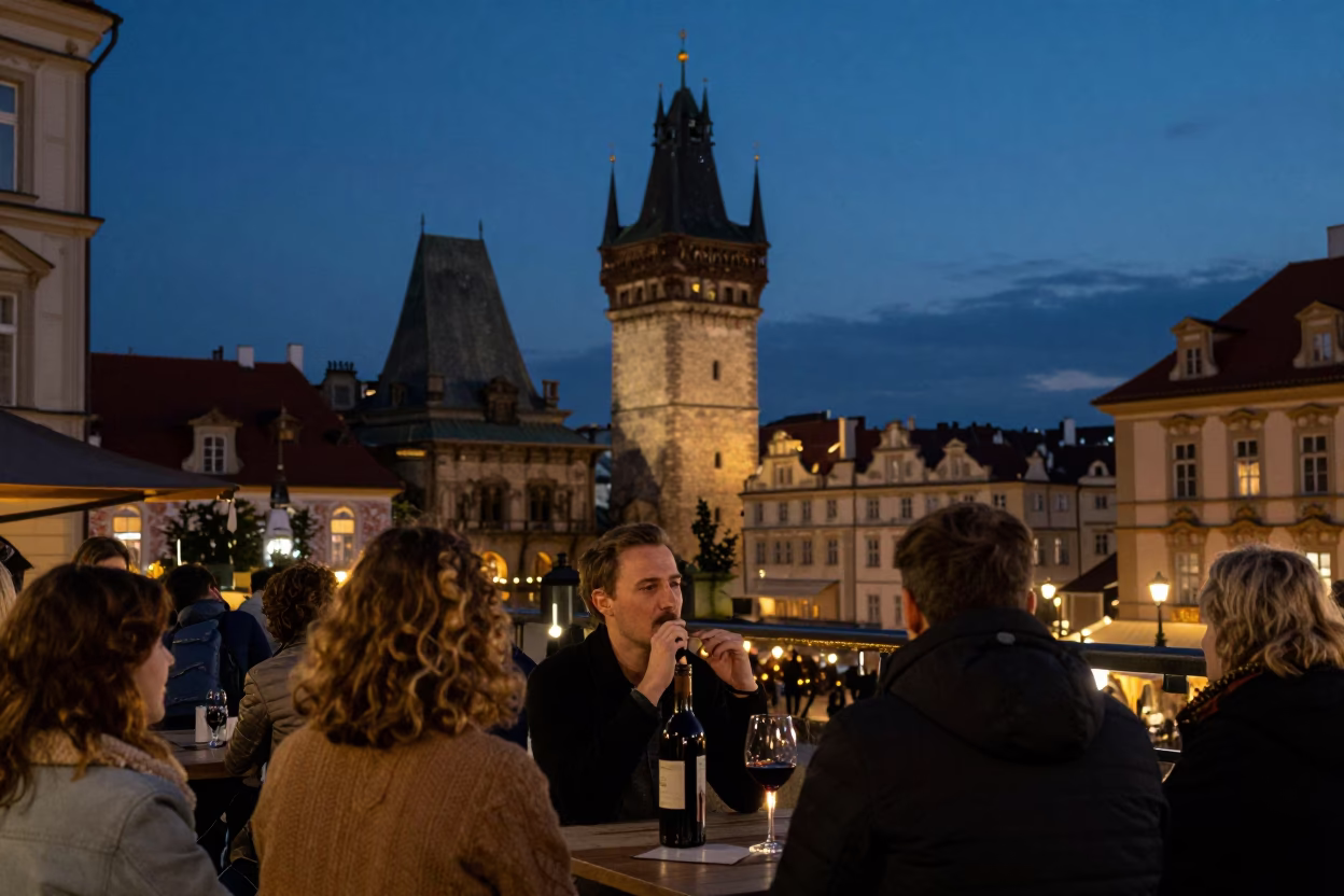 Prague Nightlife Scene with Red Wine and Water Tower at Dusk in in Prague, Czech Republic