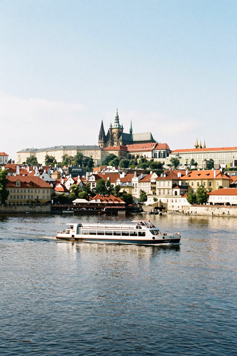 Prague Noon Light Over Vltava River Water Taxi and Canal Houseboats in in Prague, Czech Republic
