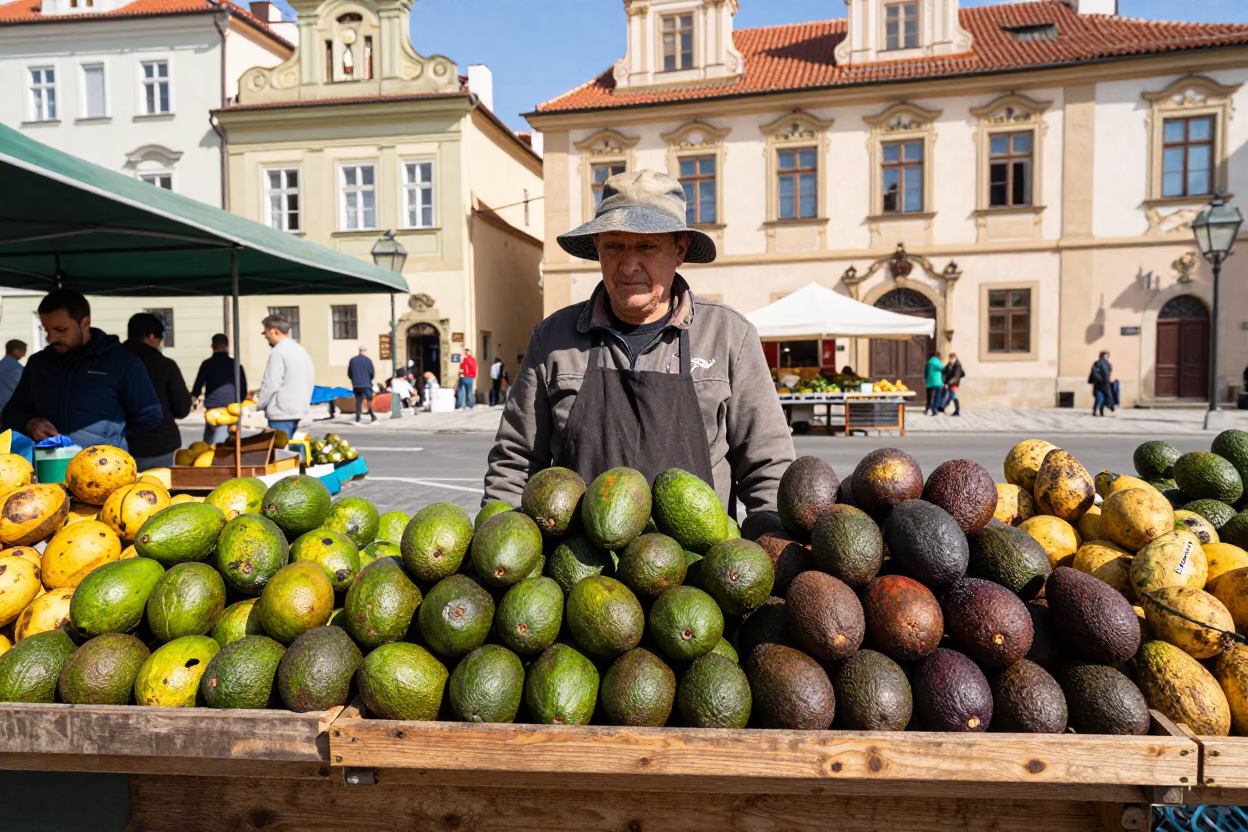 Prague Noon Market Stall With Shopkeeper And Colorful Avocados in in Prague, Czech Republic