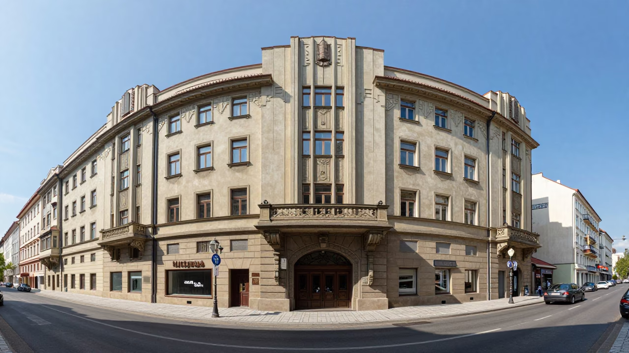 Prague Noon Street Scene with Art Deco Hotel Facade and Geraniums in in Prague, Czech Republic