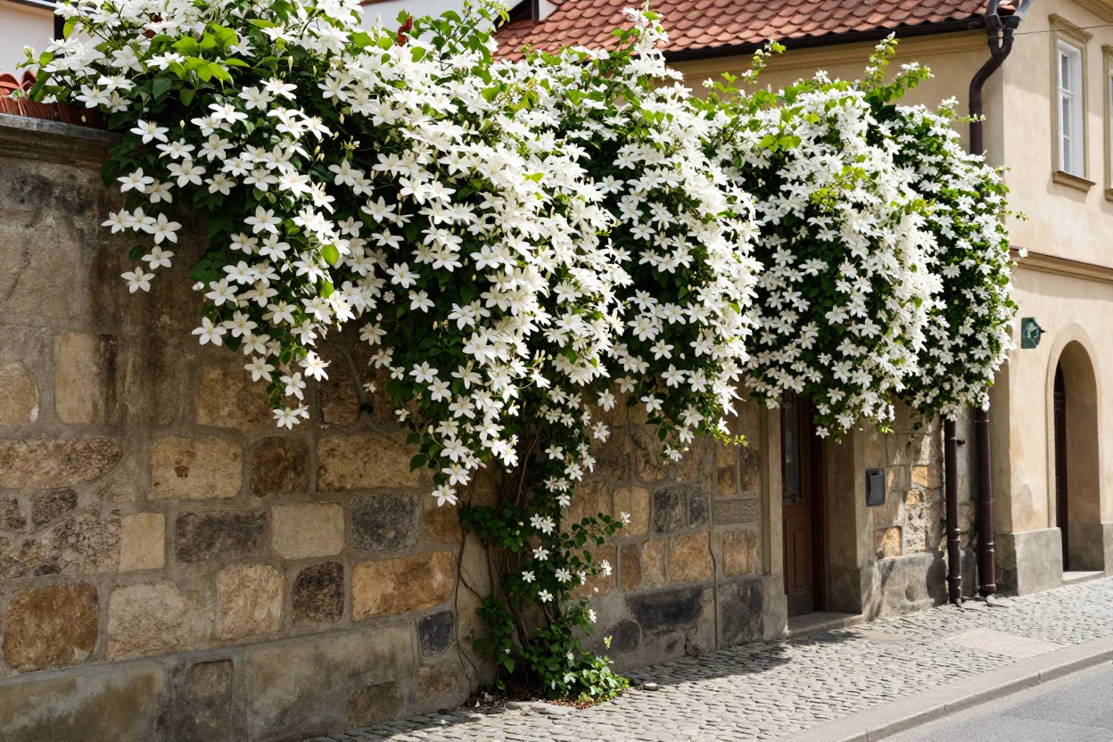 Prague Noon Street Scene with Clematis Vine Stone Wall and Doormat in in Prague, Czech Republic