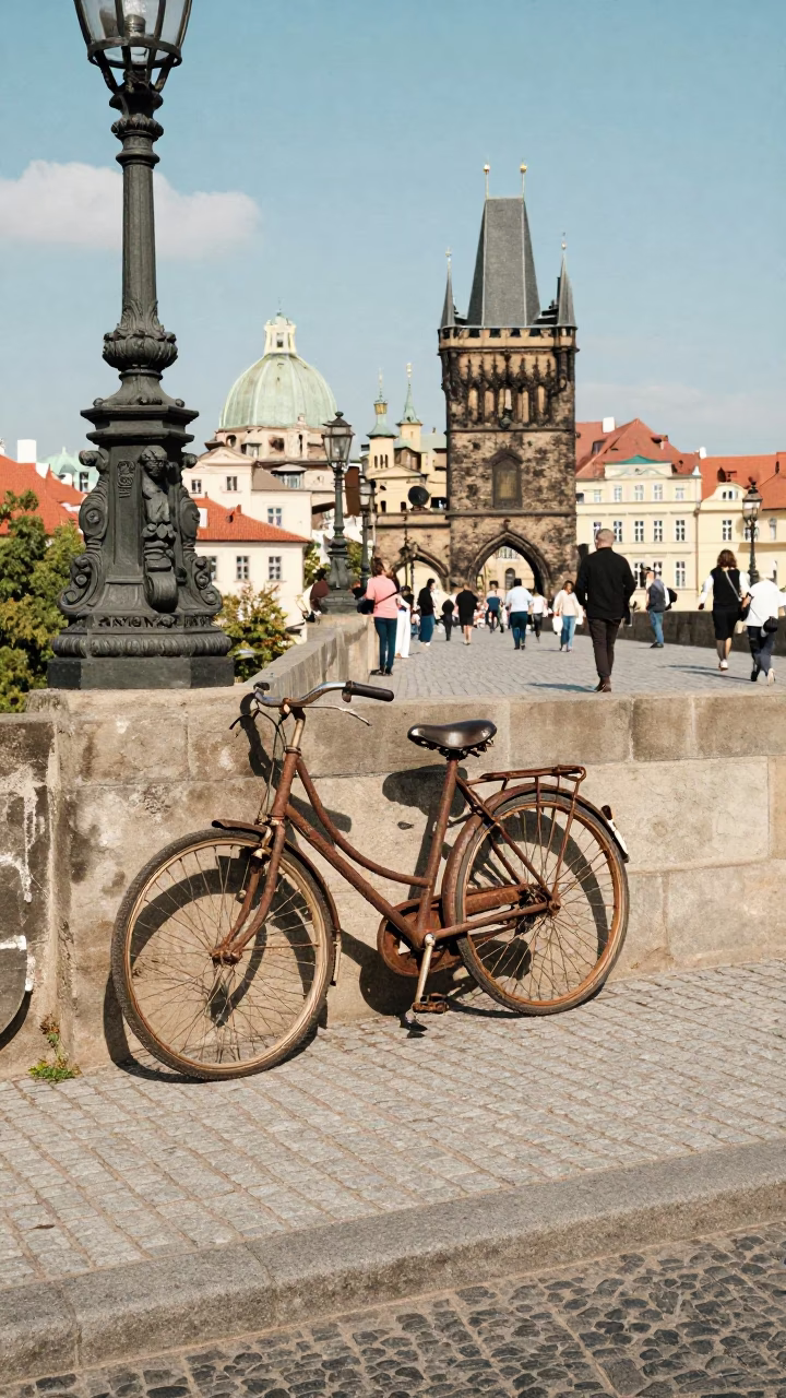 Prague noon street scene with vintage bicycle and local market details in in Prague, Czech Republic