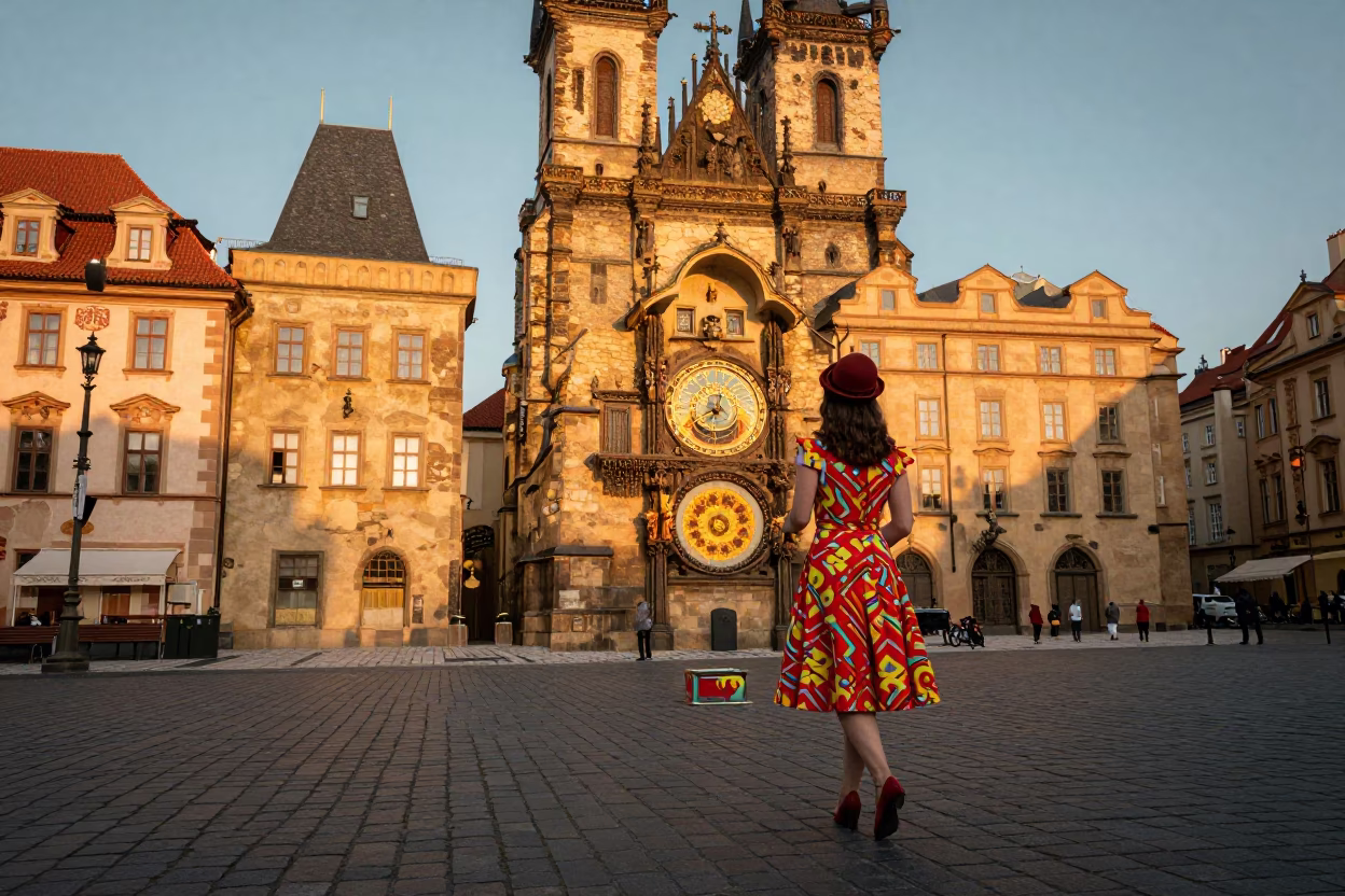 Prague Old Town Square Before Dusk with Tiffin Tin and Brass Chair in in Prague, Czech Republic