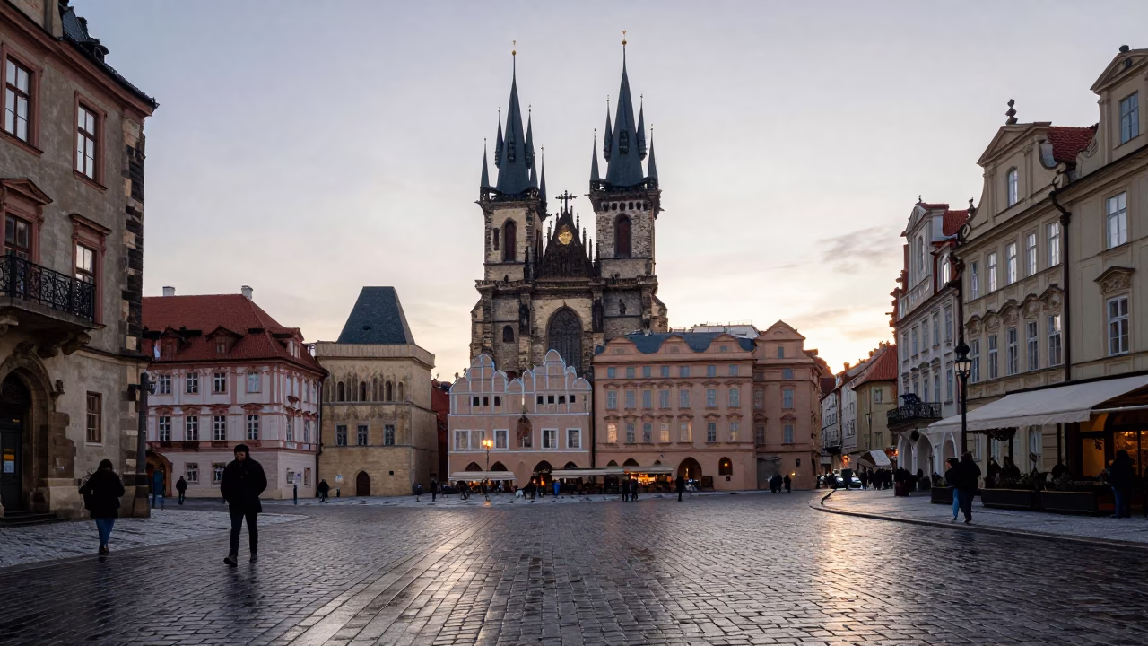 Prague Old Town Square cobblestone street scene at dawn before sunrise in in Prague, Czech Republic