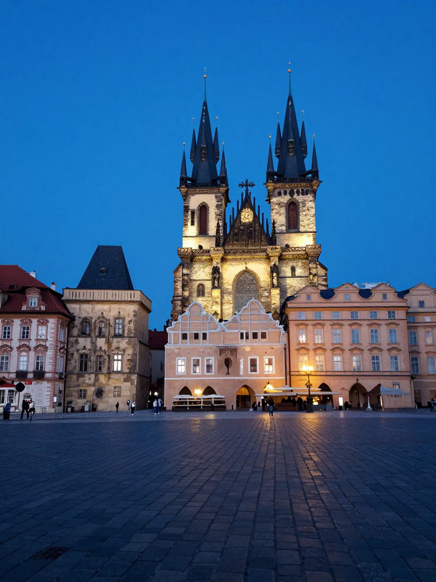 Prague Old Town Square cobblestones and gothic architecture under blue hour twilight sky in in Prague, Czech Republic