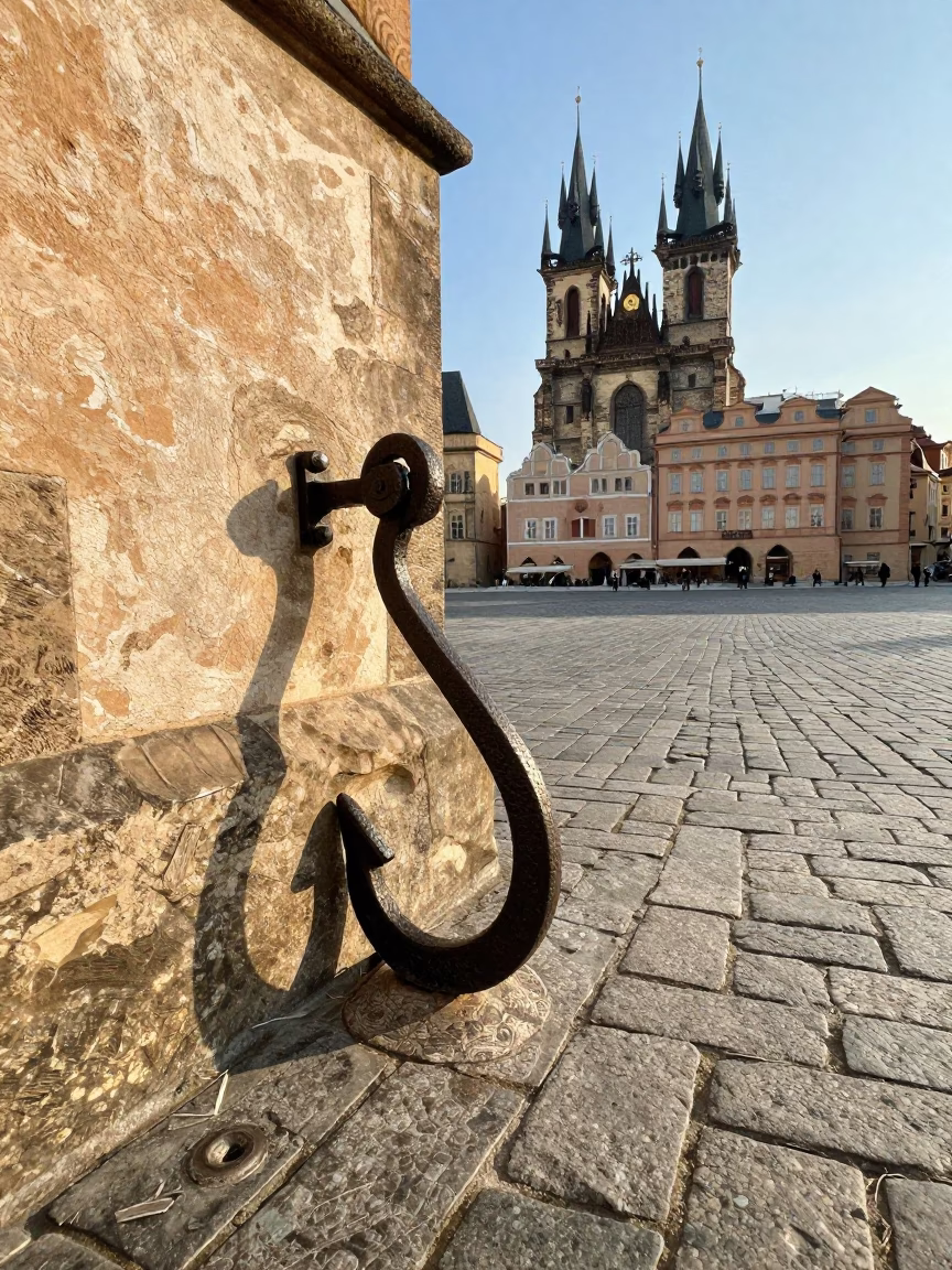 Prague Old Town Square Cobblestones and Iron Hook in Late Afternoon Light in in Prague, Czech Republic