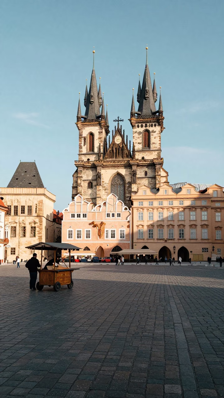 Prague Old Town Square Early Afternoon Street Scene with Historic Architecture in in Prague, Czech Republic