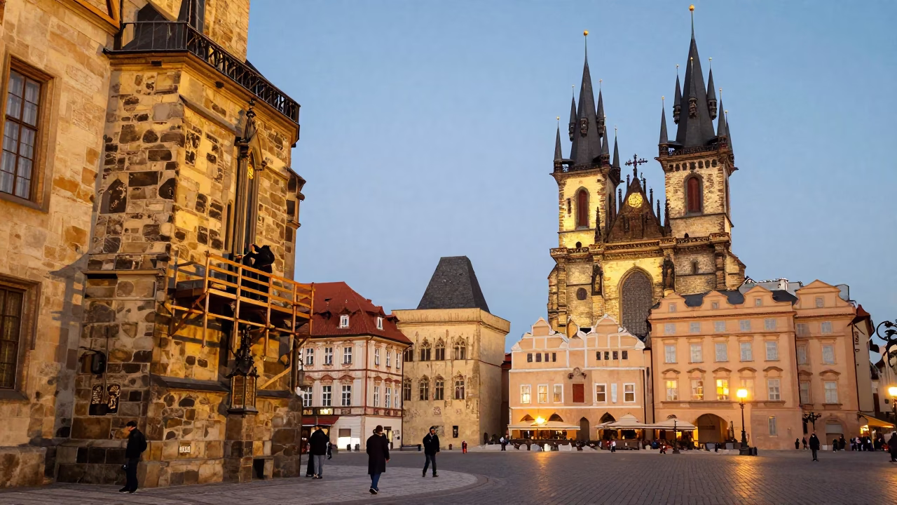 Prague Old Town Square Evening Light with Stone Mason and Historical Architecture in in Prague, Czech Republic