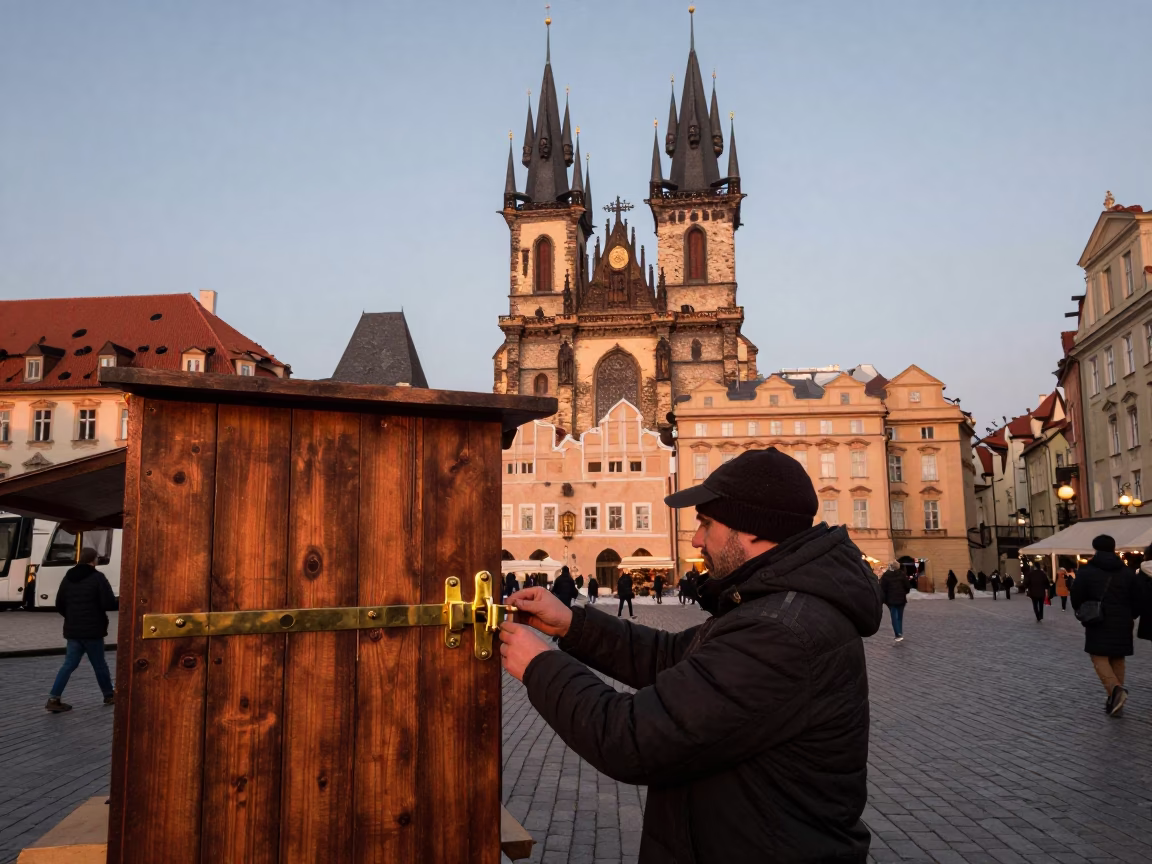 Prague Old Town Square Evening Street Scene with Brass Hardware and Local Market Details in in Prague, Czech Republic