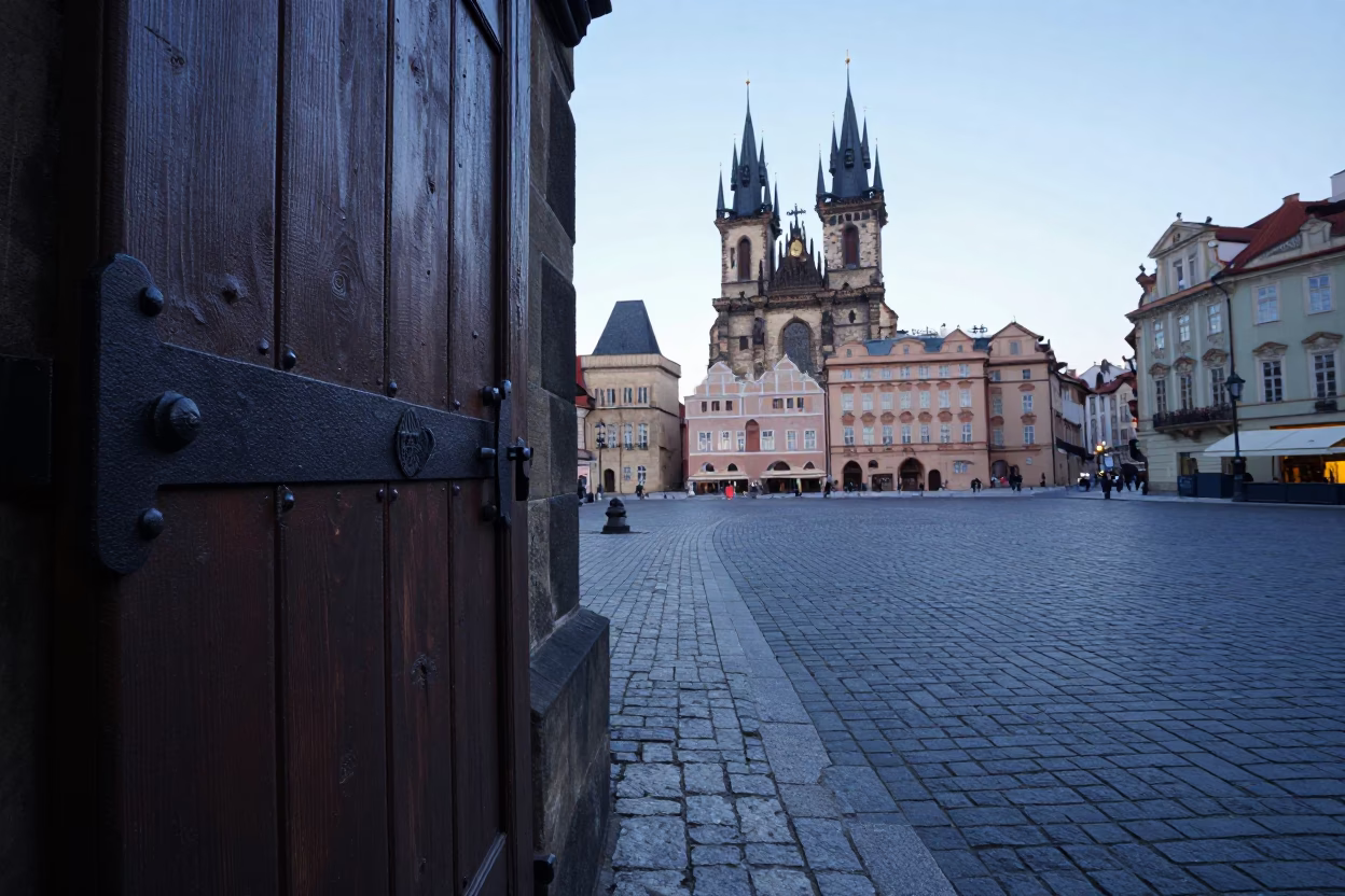 Prague Old Town Square Pre-Dawn Street Scene with Iron Deadbolt and Twine Fibers in in Prague, Czech Republic