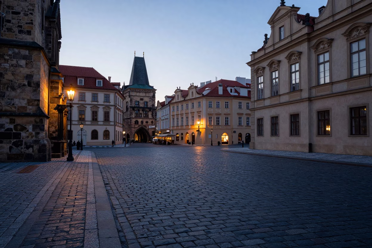 Prague Old Town Street Scene Before Dawn with Cobblestones and Historic Architecture in in Prague, Czech Republic