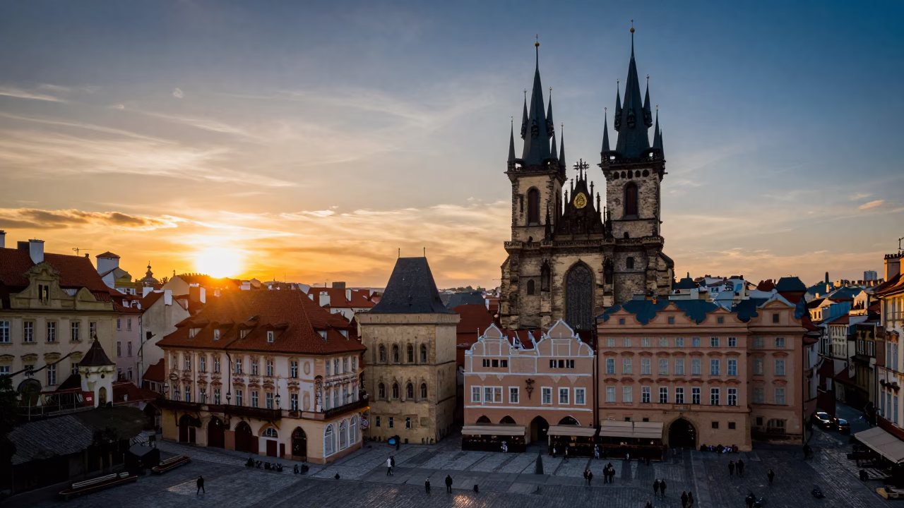 Prague Old Town sunset view with traditional architecture and cobblestone streets in in Prague, Czech Republic