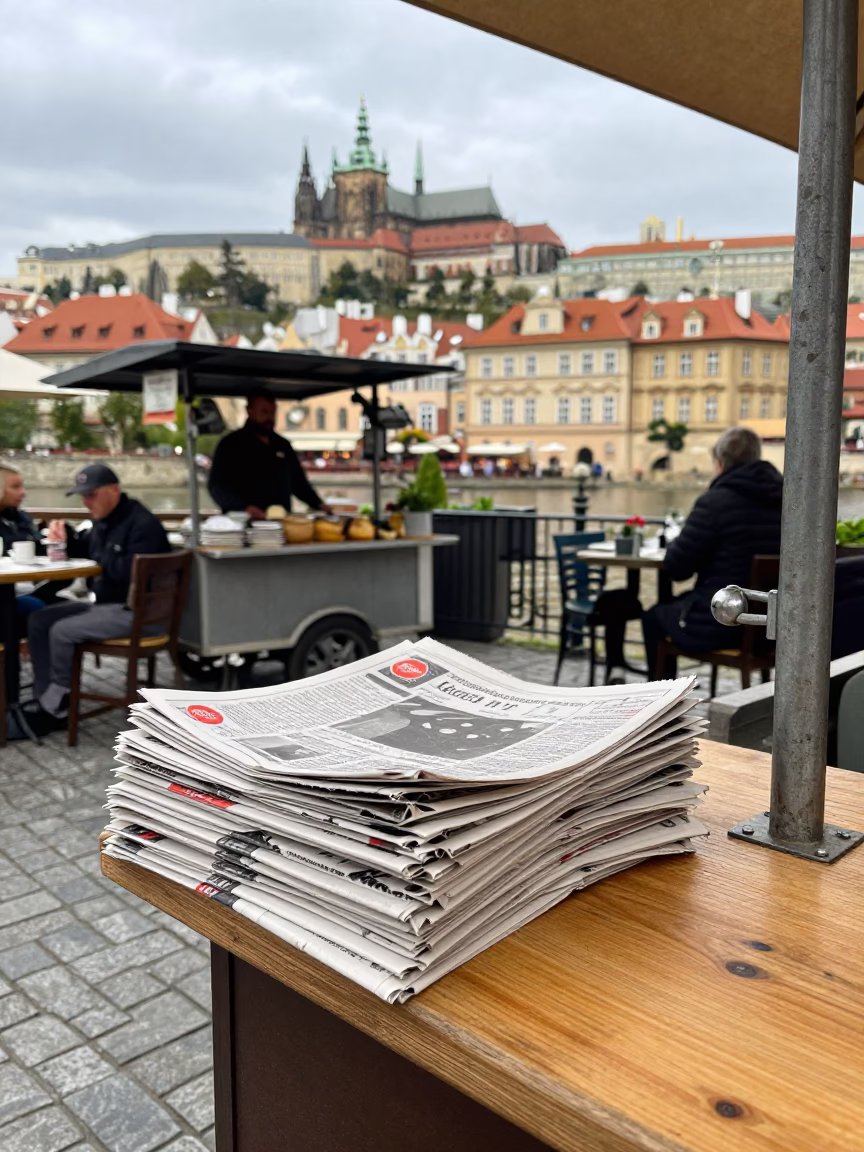 Prague Overcast Midday Street Scene with Newspaper Stack and Bar Stools in in Prague, Czech Republic