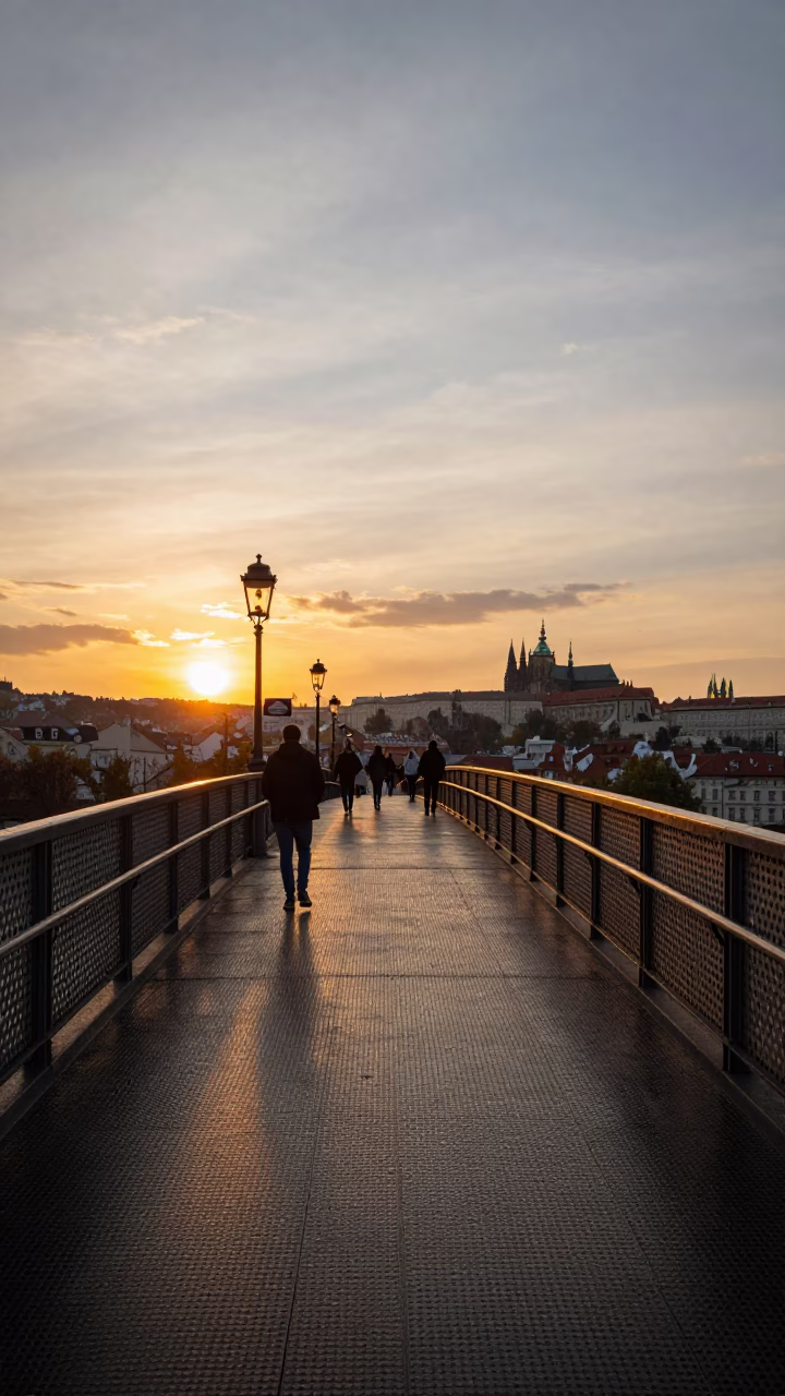 Prague Pedestrian Overpass at Sunset with Perforated Metal and Wet Footsteps in in Prague, Czech Republic