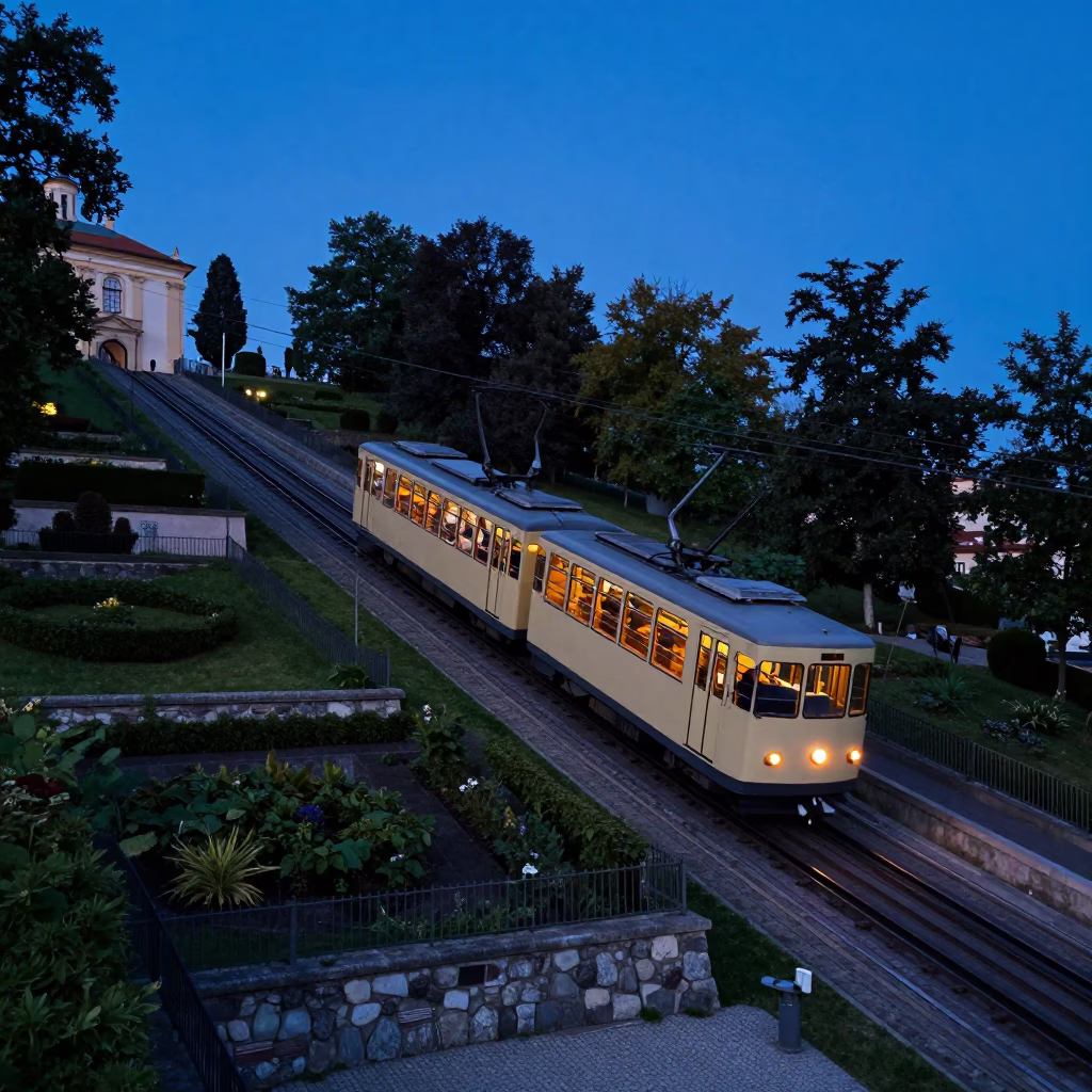 Prague Petřín Funicular Railway Car Ascending Steep Terraced Gardens in Indigo Twilight in in Prague, Czech Republic