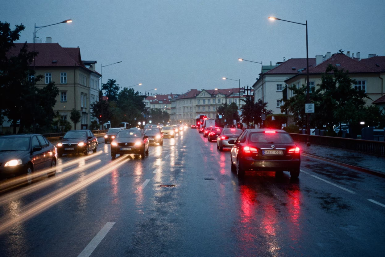Prague Predawn Overpass Interchange Taillights Rain Wet Asphalt Reflections in in Prague, Czech Republic