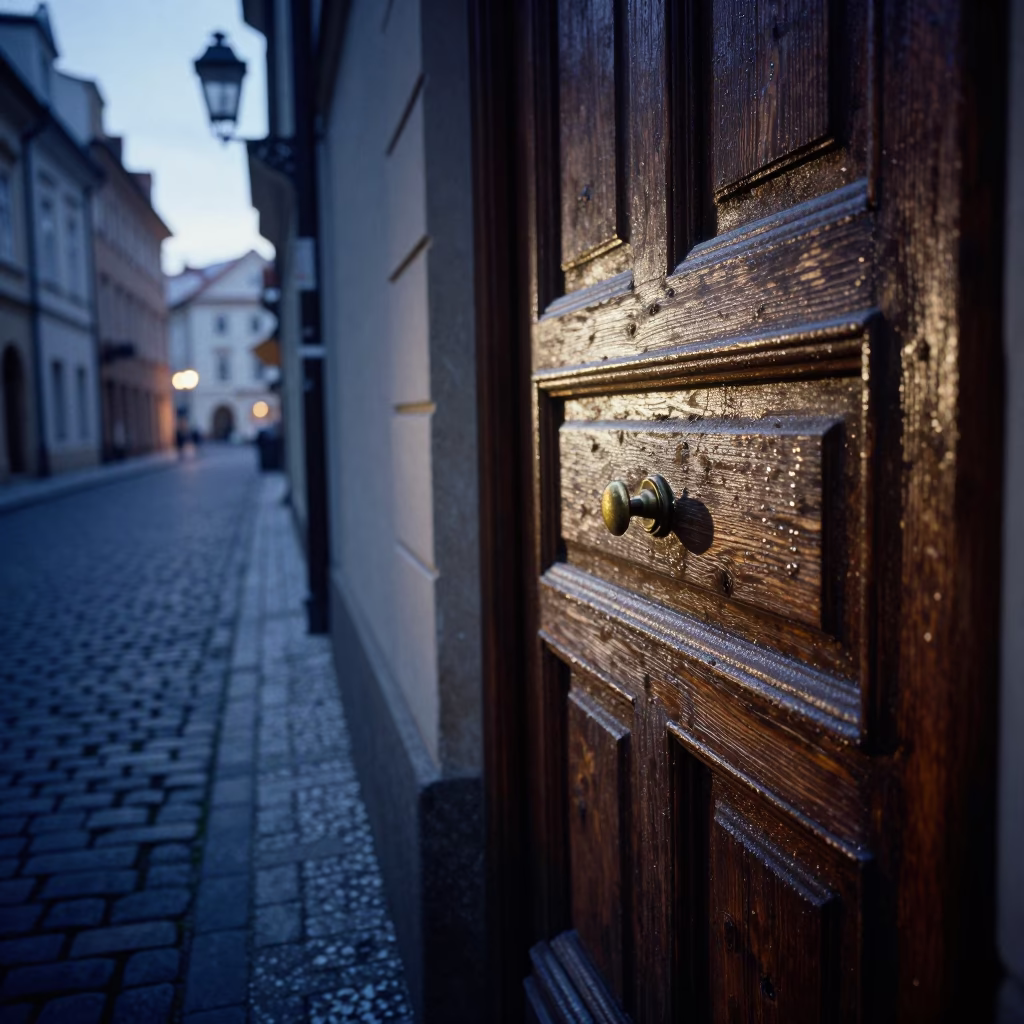Prague Predawn Street Scene with Condensation on Drawer Pull and Broom in in Prague, Czech Republic