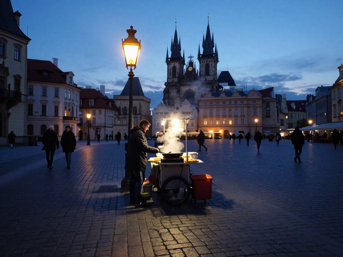 Prague predawn street scene with vendor and early morning activity in in Prague, Czech Republic