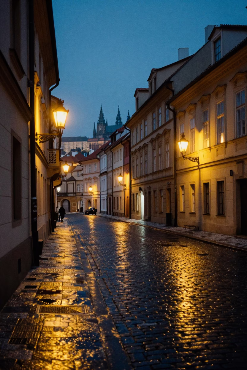 Prague Predawn Street Scene with Vintage 1950s Atmosphere and Condensation Details in in Prague, Czech Republic