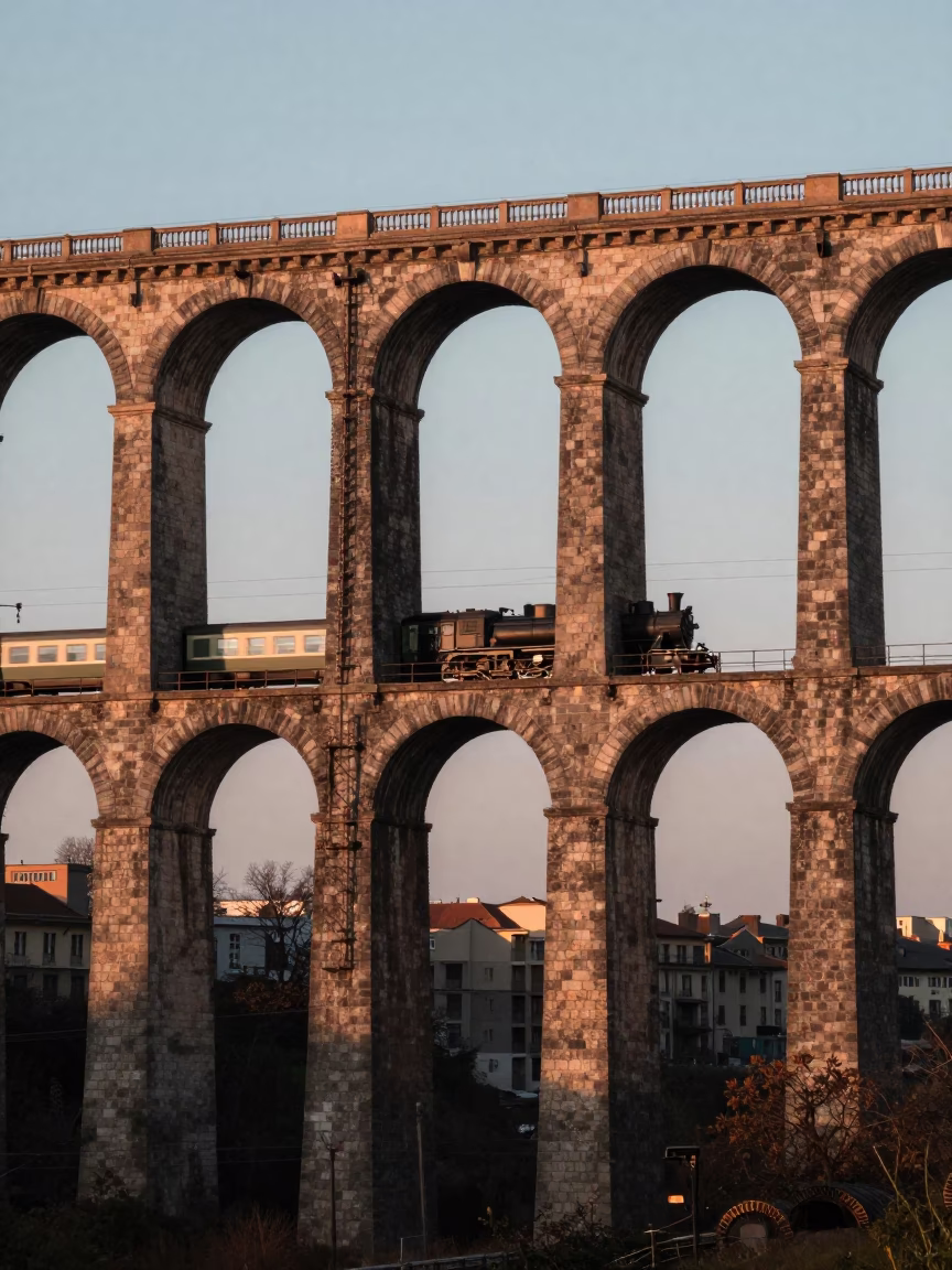 Prague Railway Viaduct Arches Passing Train Copper Toned Light Before Dusk in in Prague, Czech Republic